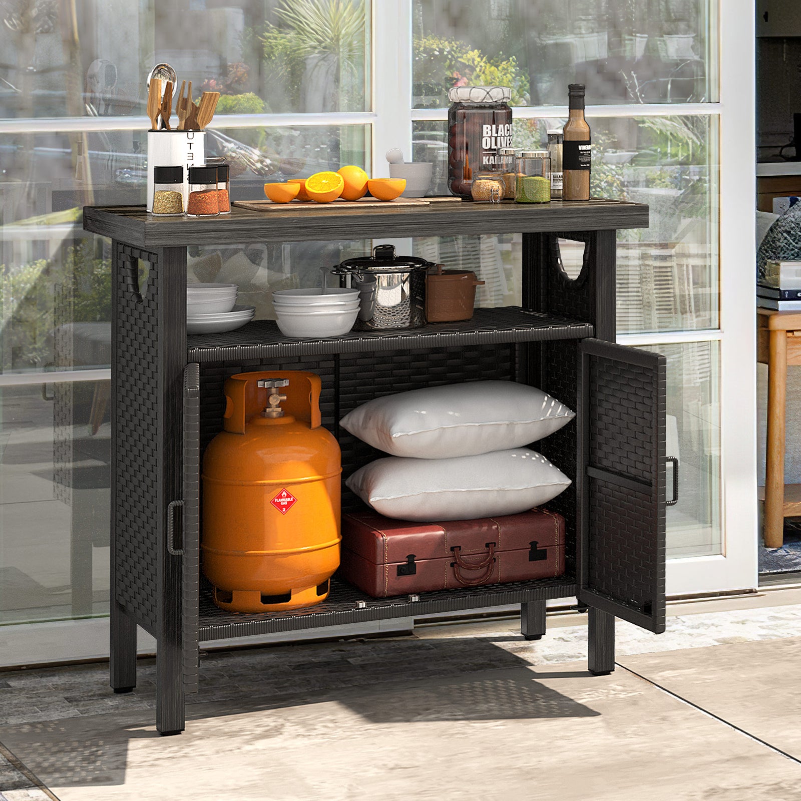 Outdoor Storage Cabinet Patio Wicker Bar Counter Table 2 Doors Backyard Patio