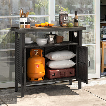 Outdoor Storage Cabinet Patio Wicker Bar Counter Table 2 Doors Backyard Patio