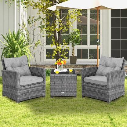 3PCS Patio Rattan Furniture Bistro Set Cushioned Sofas Side Table Armrest Navy