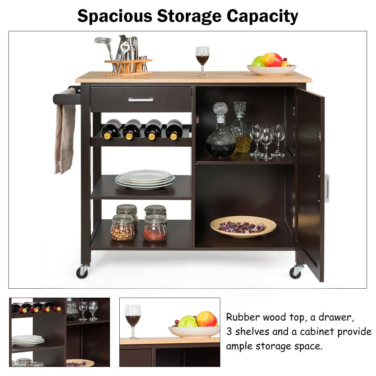 4-Tier Wood Kitchen Island Trolley Cart Storage Cabinet Brown