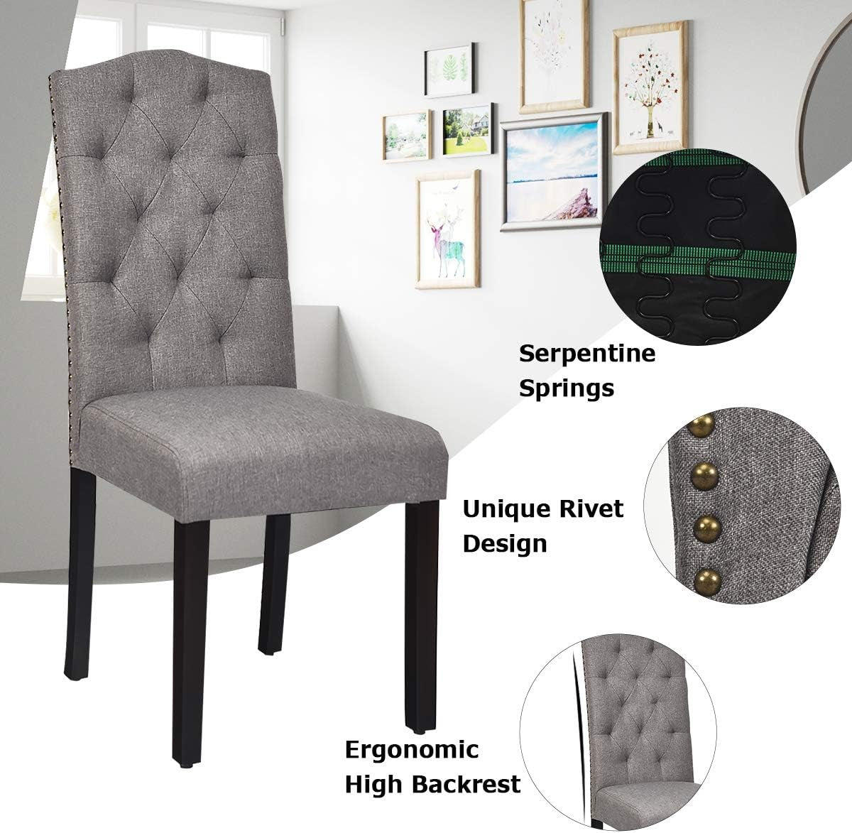 Dining Chairs Set of 2, Tufted Fabric Dining Room Chairs with Nailed Head, Parsons Chairs with Padded Seat, Tall Backrest, Modern Upholstered Armless Dining Chairs for Kitchen, Dining Room