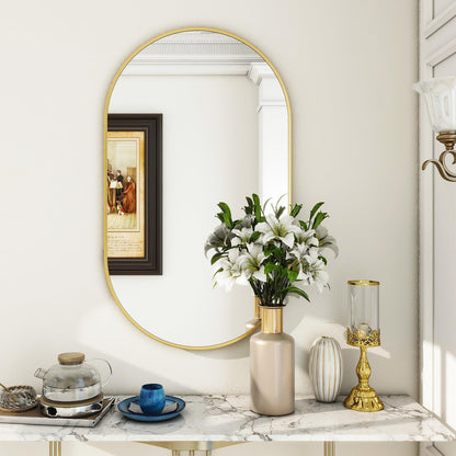 Wall Mounted Mirror, 17"X30" Oval Bathroom Mirror with Metal Frame, Vertical & Horizontal Hang, Ideal for Bedroom, Entryway, Living Room, Gold