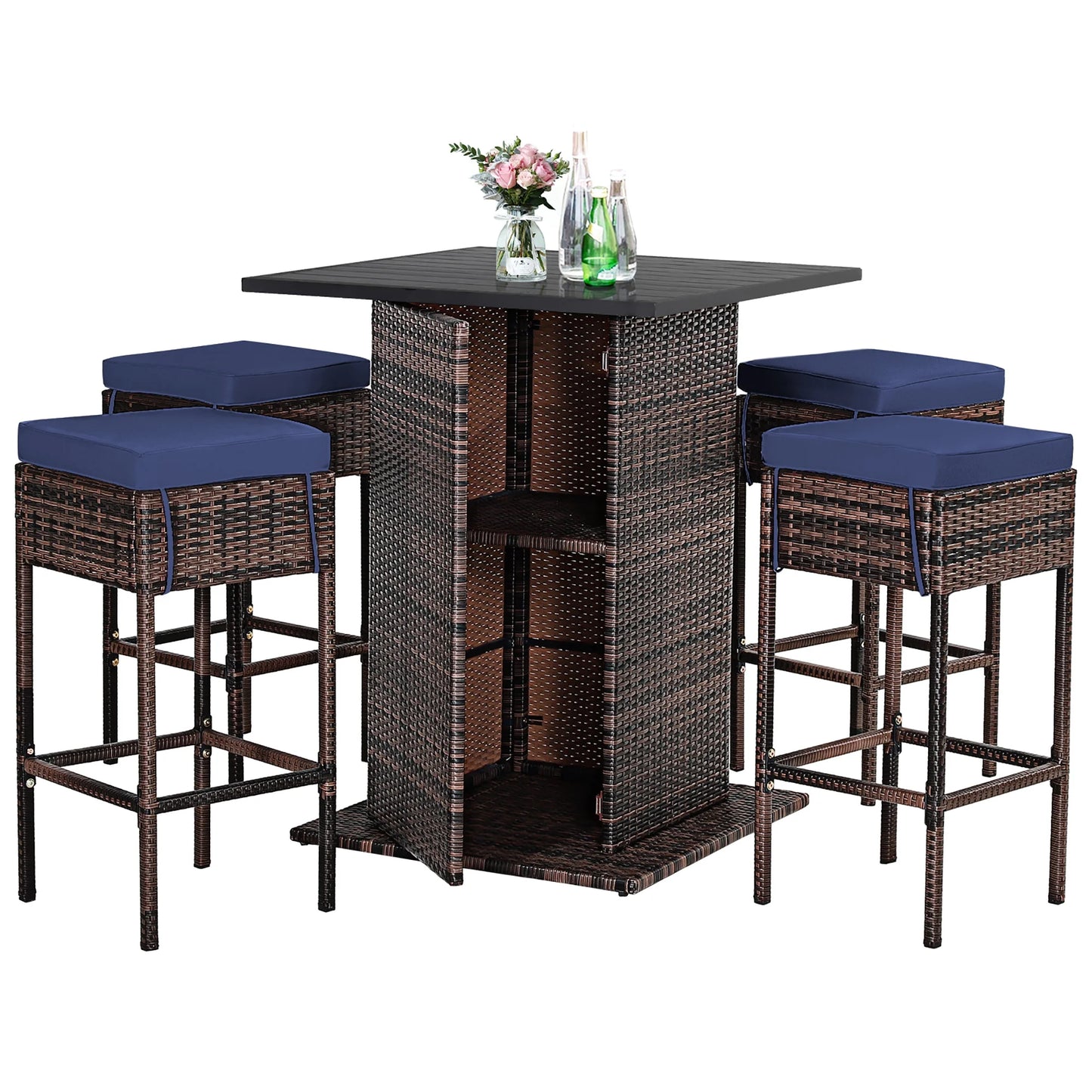 5PCS Patio Rattan Bar Table Stool Set Hidden Storage Shelf Cushioned Navy
