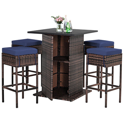 5PCS Patio Rattan Bar Table Stool Set Hidden Storage Shelf Cushioned Navy
