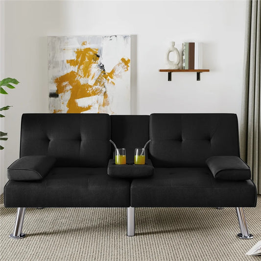 Fabric Upholstered Convertible Futon Sofa Bed with Cup Holders and Pillows, Black