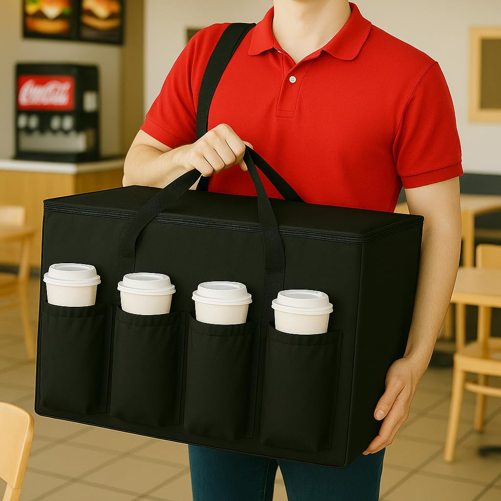 Catering Bag for Doordash 22X14X13 Hot Boxes Insulated Food Delivery Bag with Cup Holders/Drink Carriers Premium XXL, Great for Beverages, Grocery, Pizza, Commercial Quality Hot and Cold