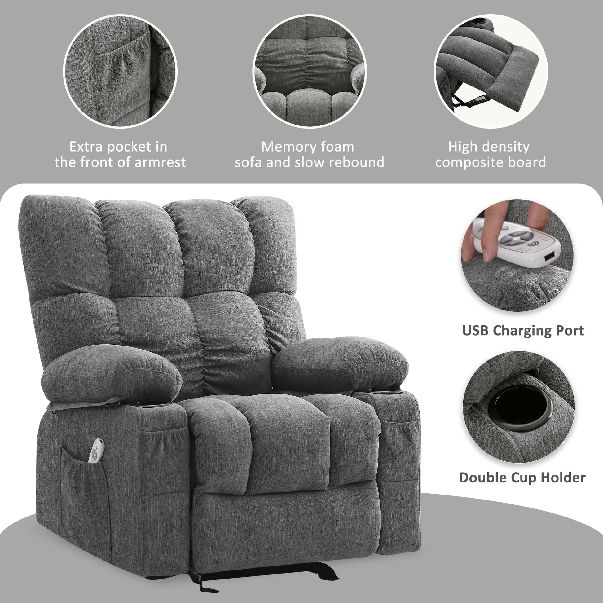 Manual Recliner Chair with Heat Therapy and Massage Function, Heavy Duty Reclining Mechanism Massage Chair, Elderly Single Rocker Sofa with Cup Holders for Bedroom Home Theater,Grey