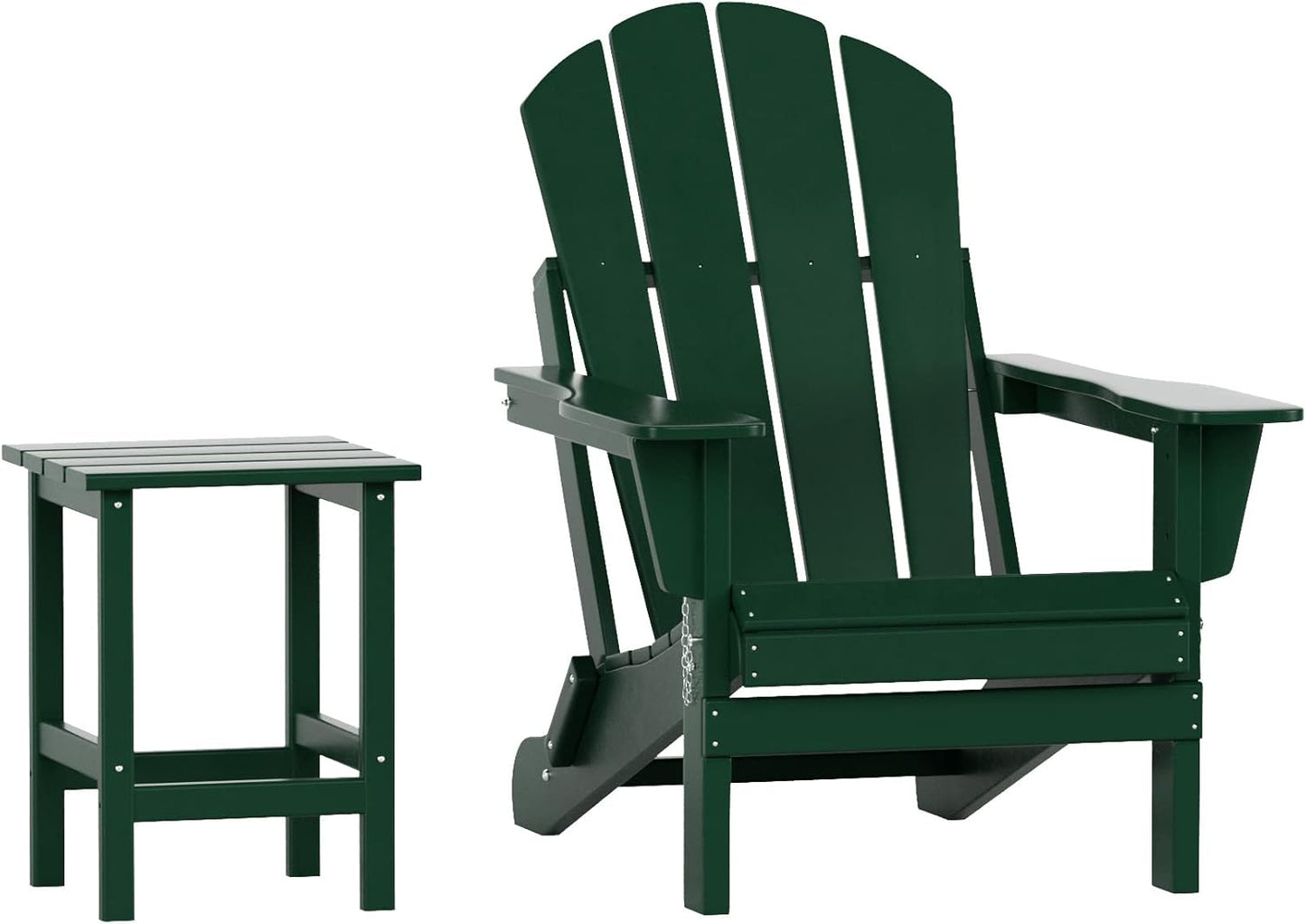 WO Home Furniture Adirondack Chair Table Set of 2 PCS Outdoor Folding Chair W Side Table Weather/Uv Resistant for Lawn, Garden, Bon Fire, Balcony (Dark Green)