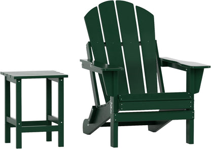 WO Home Furniture Adirondack Chair Table Set of 2 PCS Outdoor Folding Chair W Side Table Weather/Uv Resistant for Lawn, Garden, Bon Fire, Balcony (Dark Green)
