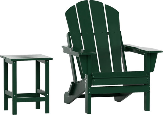 WO Home Furniture Adirondack Chair Table Set of 2 PCS Outdoor Folding Chair W Side Table Weather/Uv Resistant for Lawn, Garden, Bon Fire, Balcony (Dark Green)