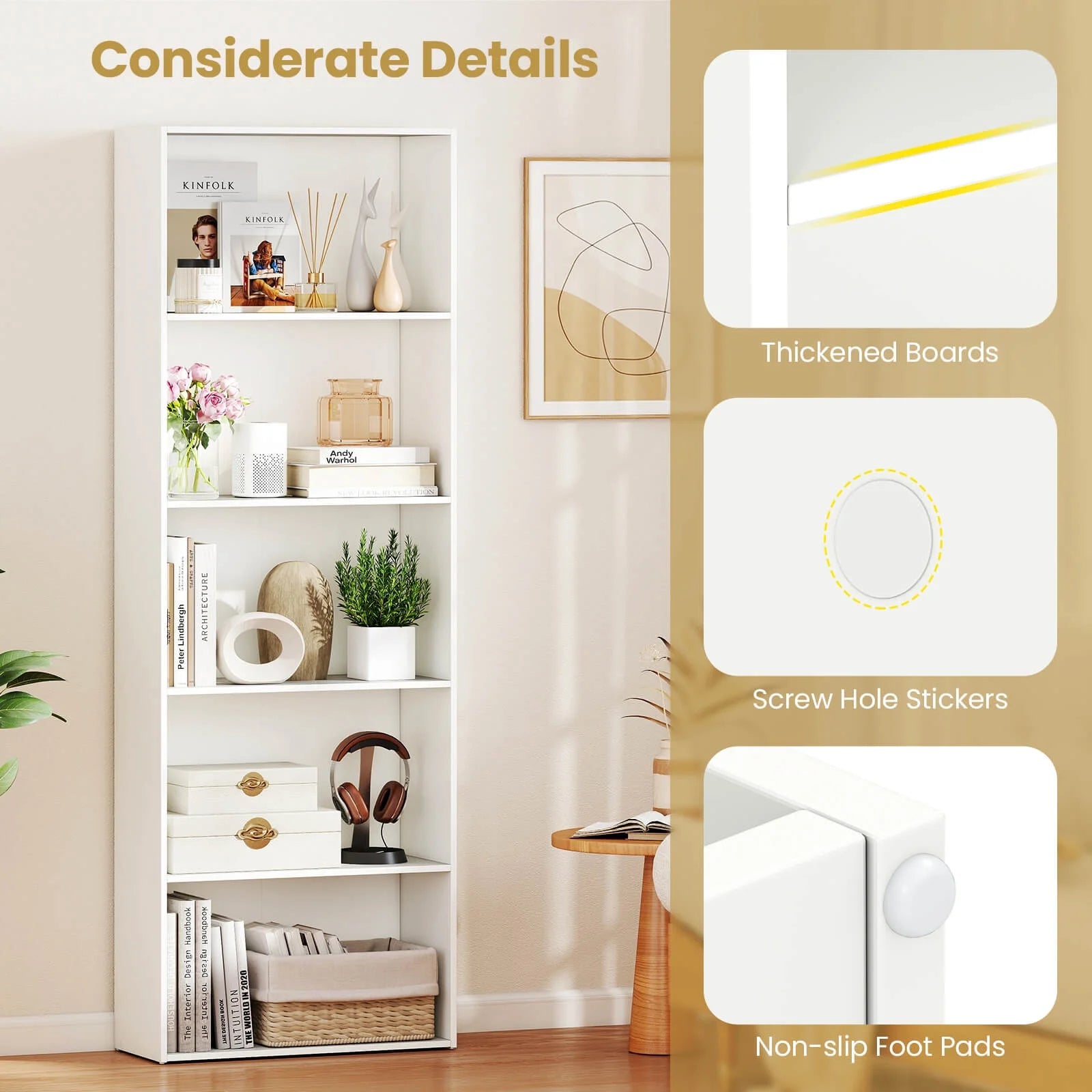 5-Shelf Storage Bookcase Modern Multi-Functional Display Cabinet Furniture White
