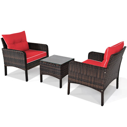 3PCS Outdoor Rattan Conversation Set Patio Furniture Cushioned Sofa Chair Red