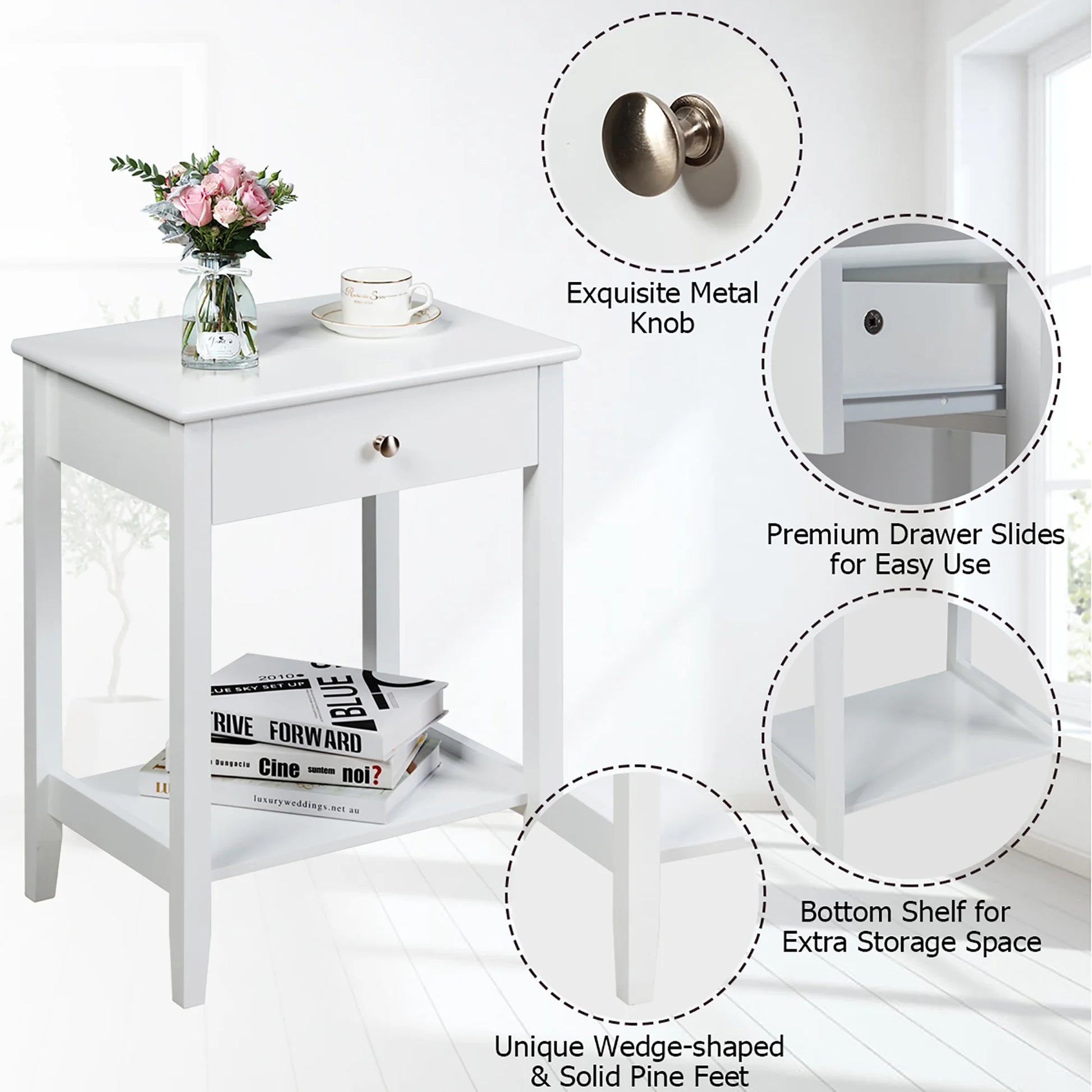 Nightstand End Table Storage Display Bedroom Furniture Drawer Shelf beside White