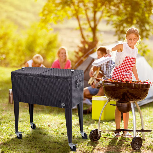 Outdoor Rattan 80QT Party Portable Rolling Cooler Cart Ice Beer Beverage Chest