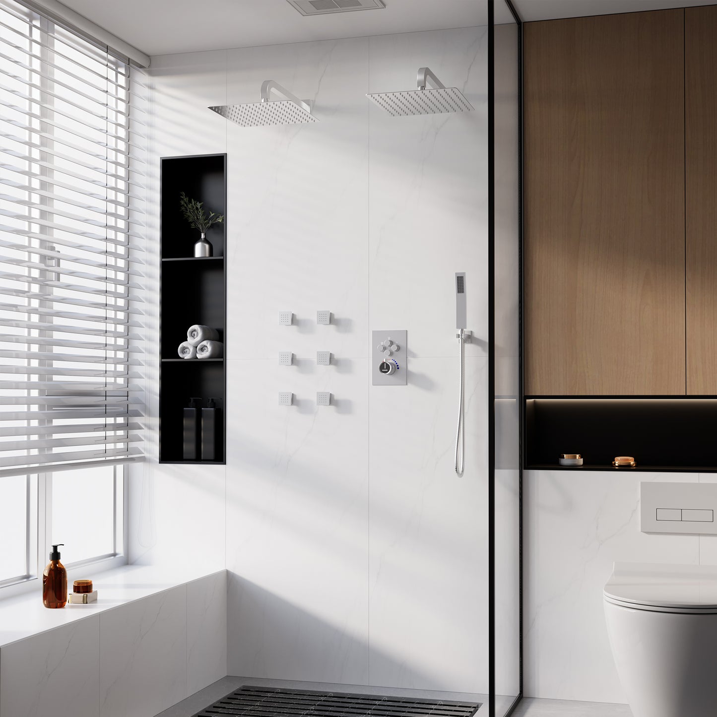 CASAINC 12 Inches Thermostatic Wall Mounted 4-function Shower System with 6 Body Jets & Handheld Spray