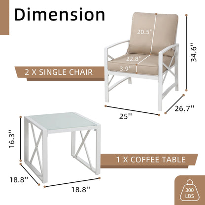 3-Piece Patio Furniture Set, Outdoor Conversation Furniture Set with Matching Side Table, Metal Sofa Chairs Detachable Cushions Khaki