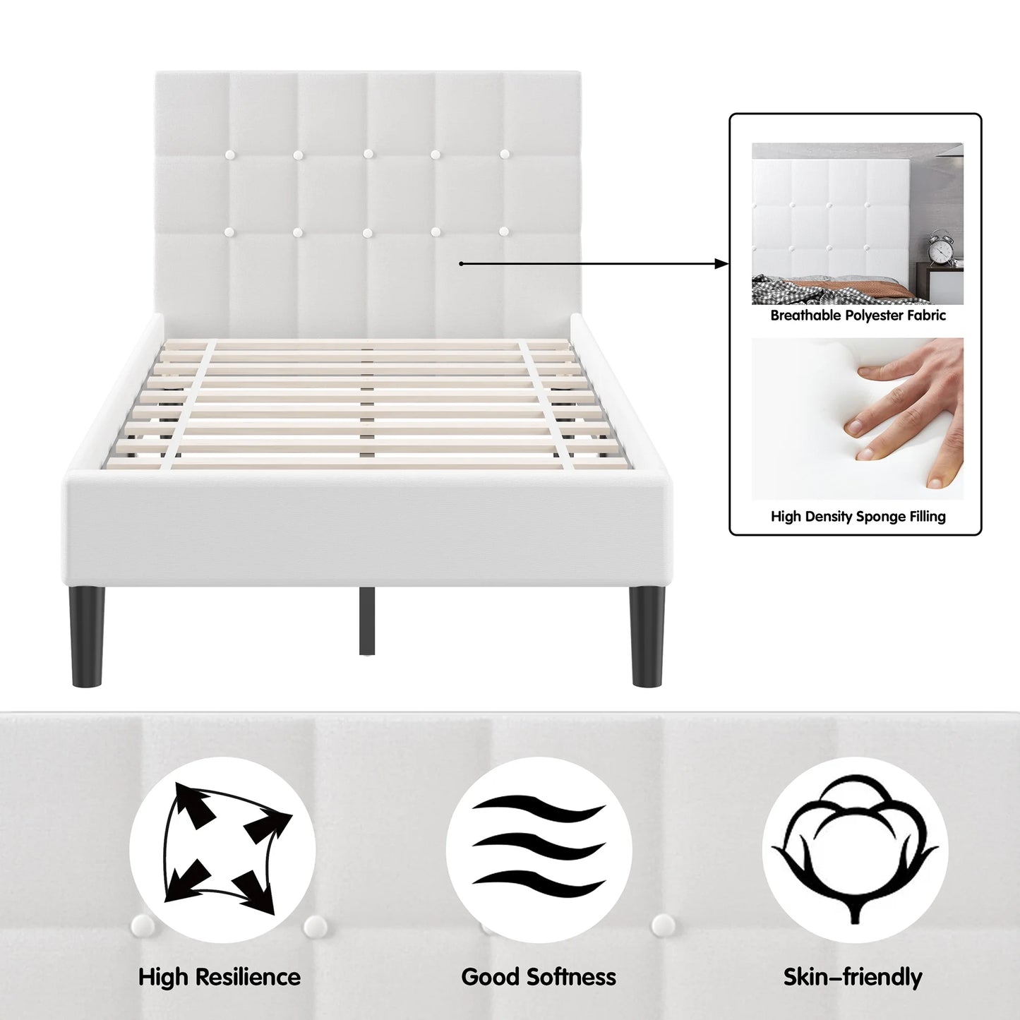 Twin Upholstered Bed Frame Button Tufted Headboard Mattress Foundation Beige