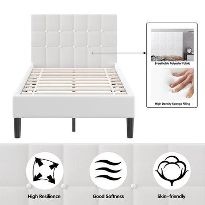 Twin Upholstered Bed Frame Button Tufted Headboard Mattress Foundation Beige