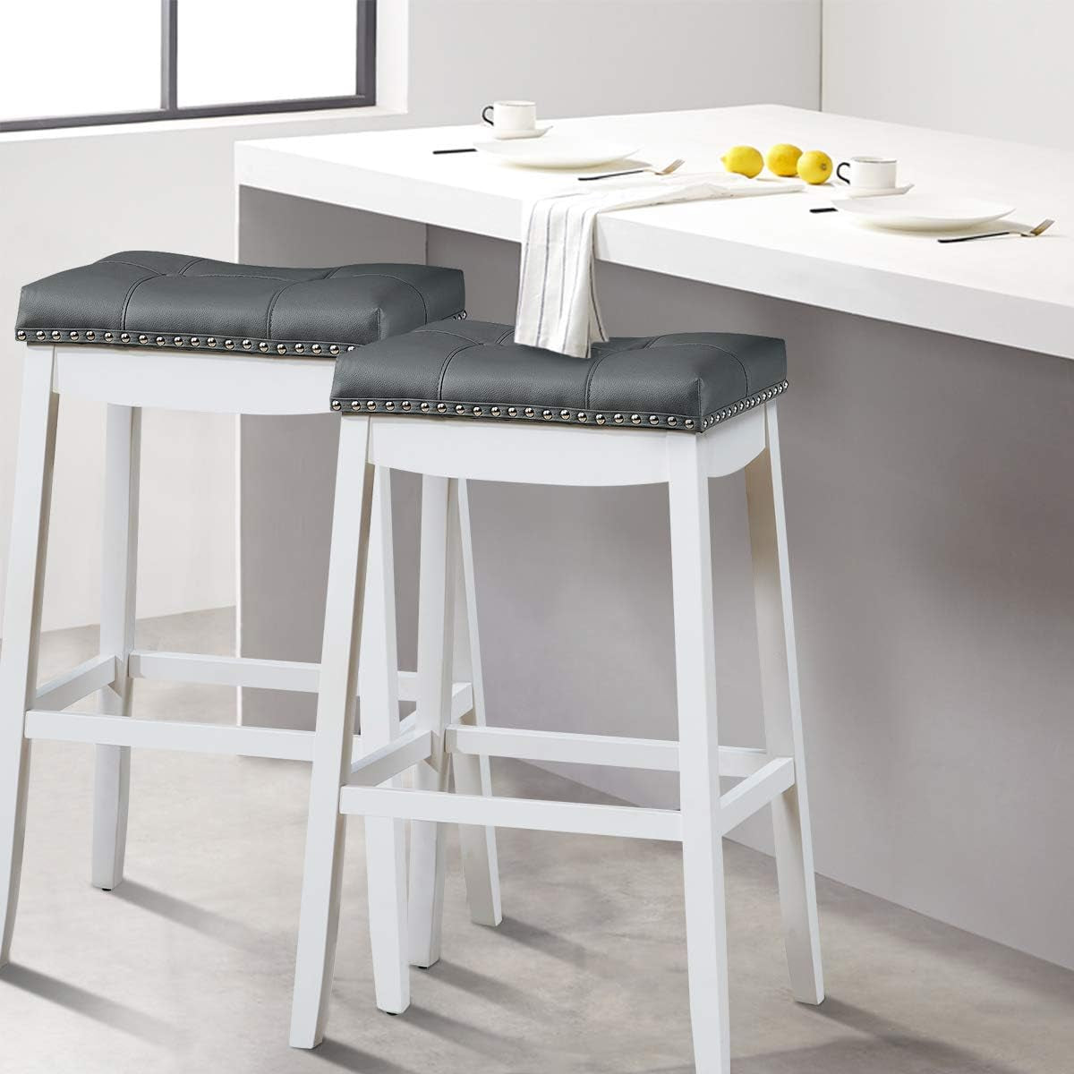 Bar Stools Set of 2, 29-Inch Height Backless Counter Stool with Footrest, Soft Seat Cushion, Wood Legs and Non-Slip Foot Pad, Saddle Stools for Home Kitchen Living Room, Stone Gray+White