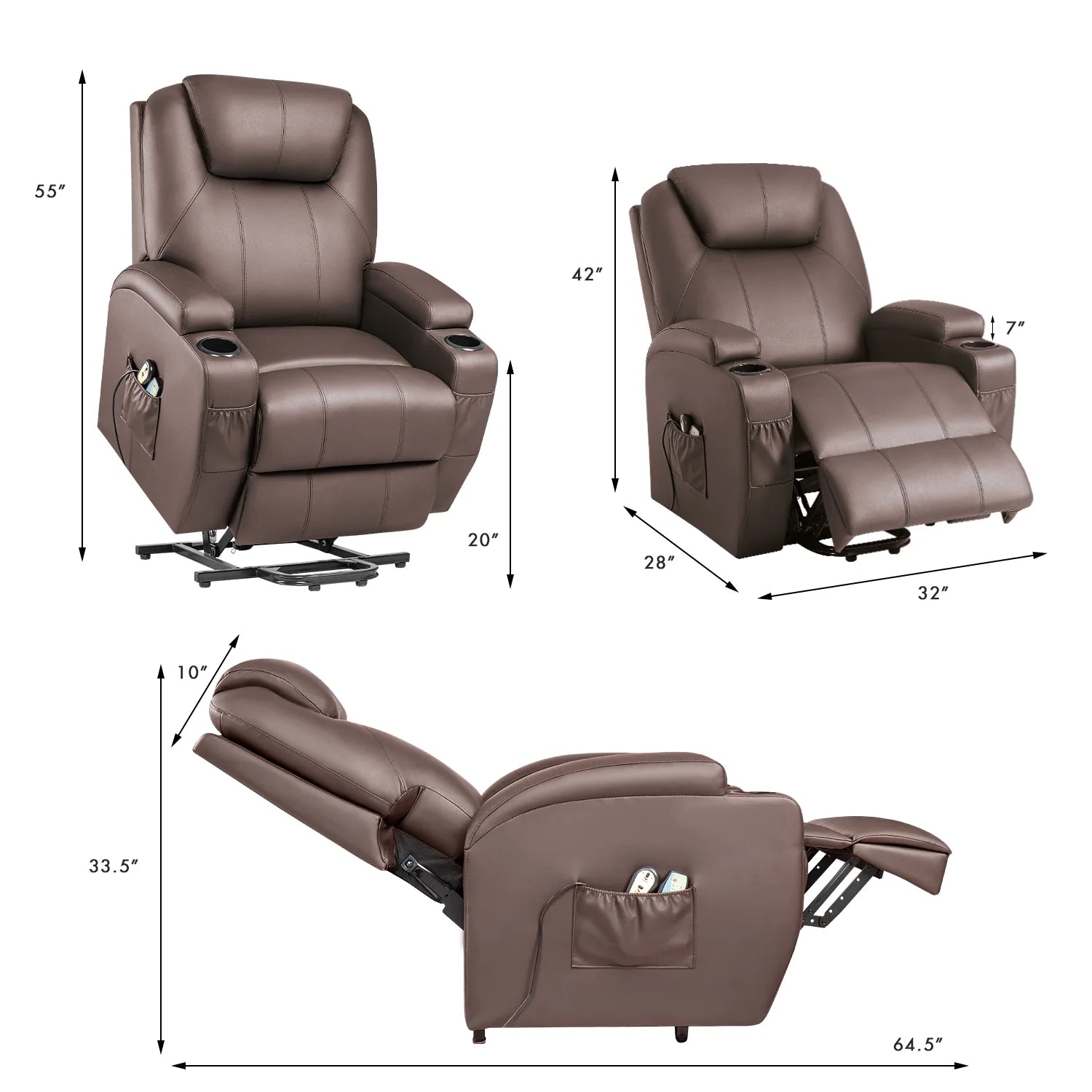 Electric Reclining Chair Elderly Lift Recliner with Massage Faux Leather,Brown
