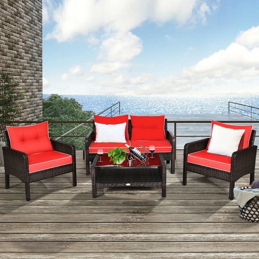 4PCS Patio Rattan Furniture Set Loveseat Sofa Coffee Table Garden W/Red Cushion