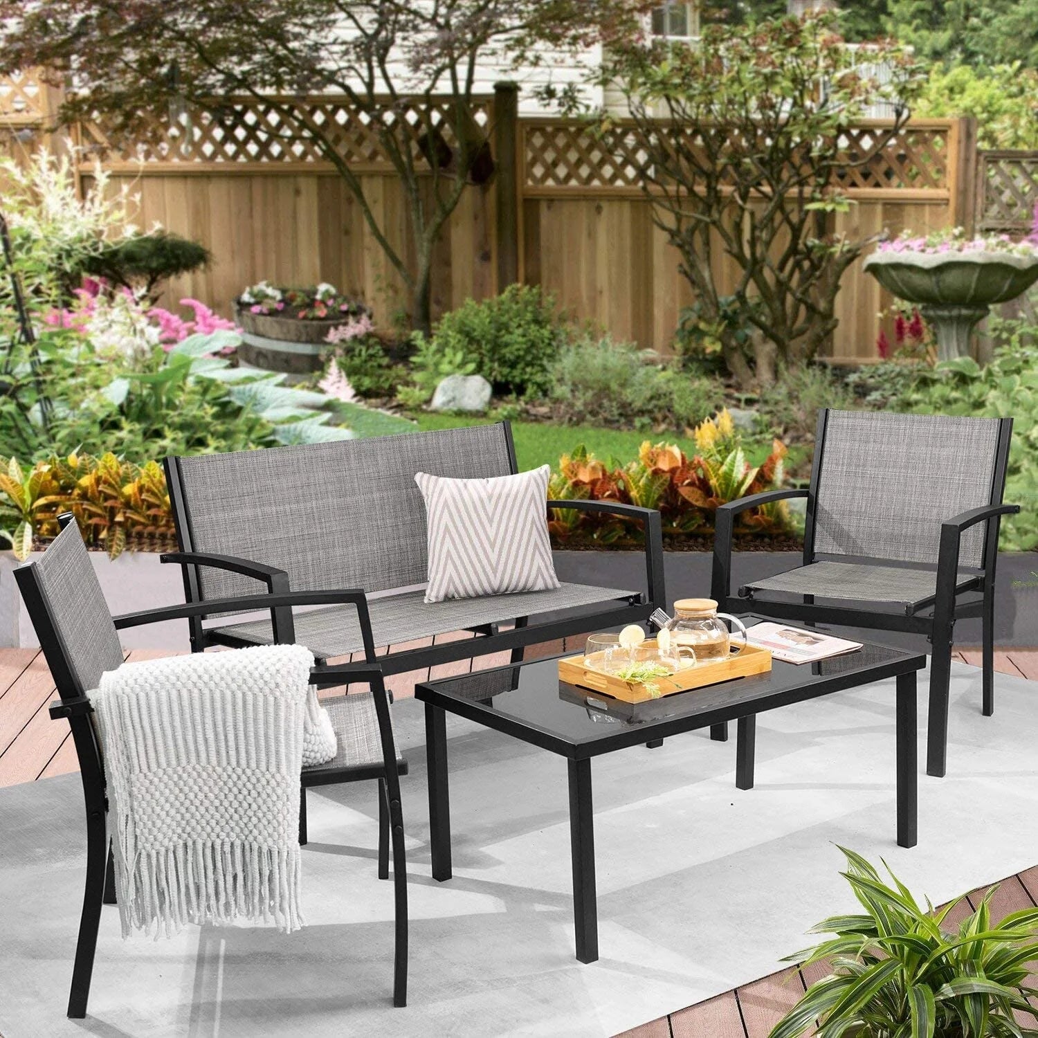 4 Pieces Patio Furniture Outdoor Furniture Outdoor Patio Furniture Set Textilene Bistro Set Modern Conversation Set Black Bistro Set with Loveseat Tea Table, Grey