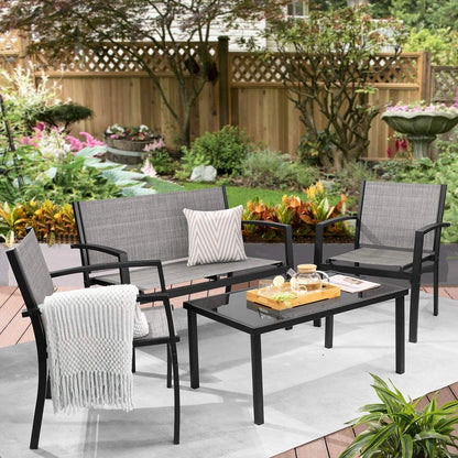 4 Pieces Patio Furniture Outdoor Furniture Outdoor Patio Furniture Set Textilene Bistro Set Modern Conversation Set Black Bistro Set with Loveseat Tea Table, Grey