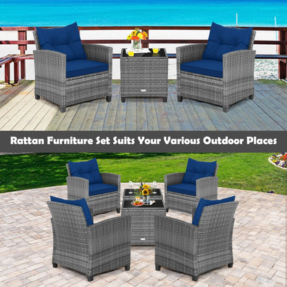 3PCS Patio Rattan Furniture Bistro Set Cushioned Sofas Side Table Armrest Navy