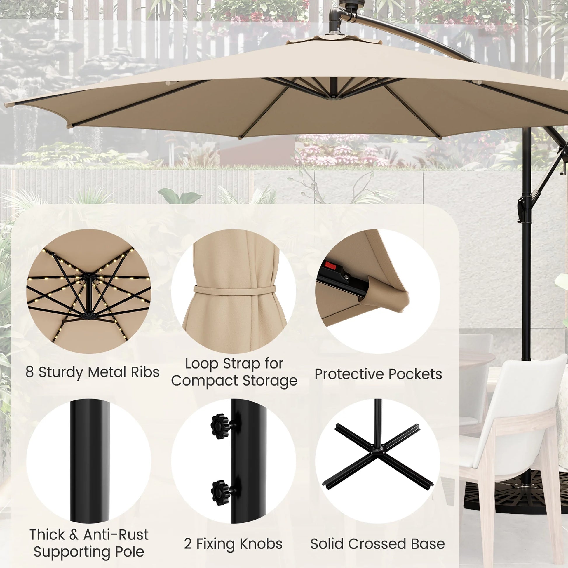 10FT Patio Solar-Lighted 112 LED Cantilever Offset Umbrella Crank Tilt Outdoor Beige