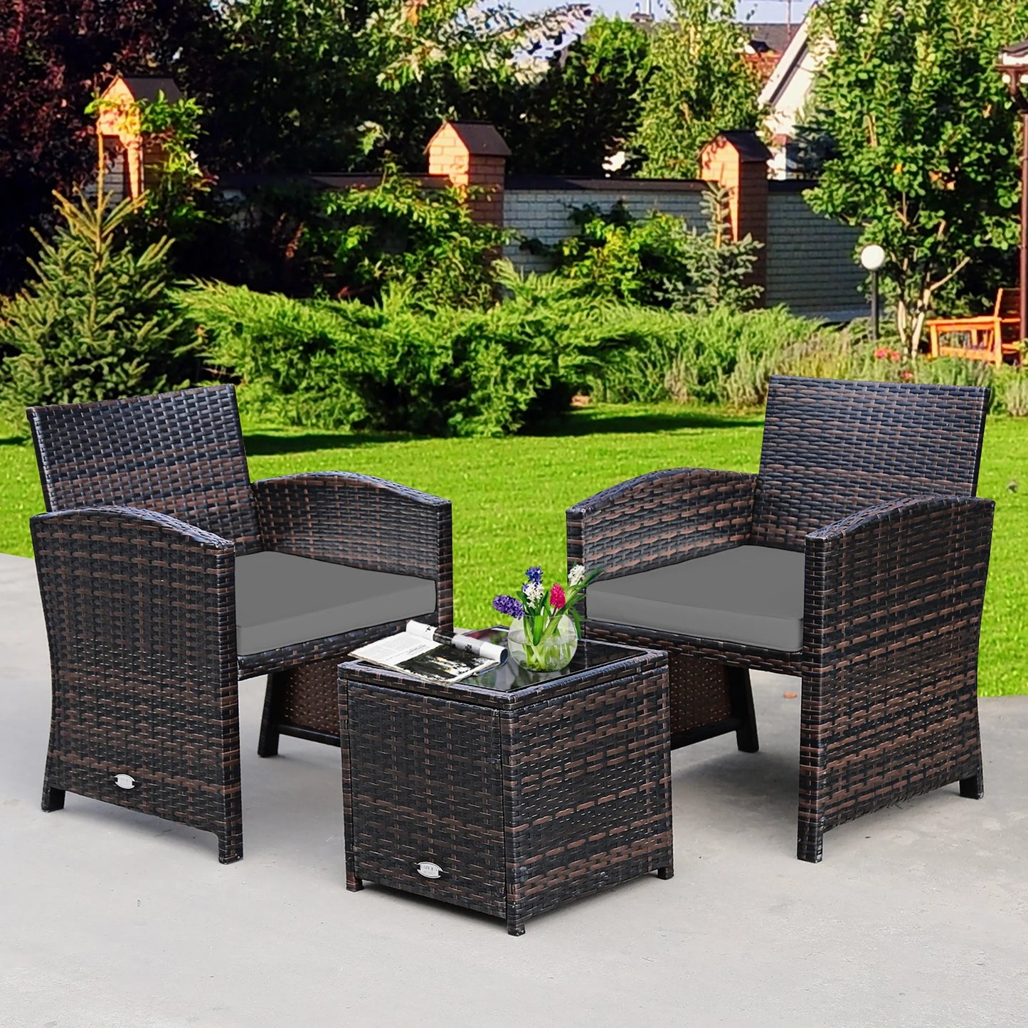 3PCS Patio Rattan Wicker Furniture Cushion Sofa Coffee Table White
