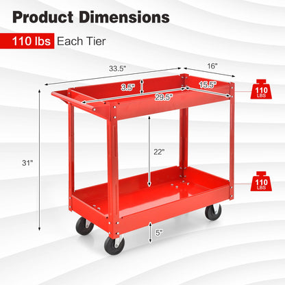 2-Tier Utility Cart Metal Service Cart Rolling Tool Storage Organizer with Handle Red