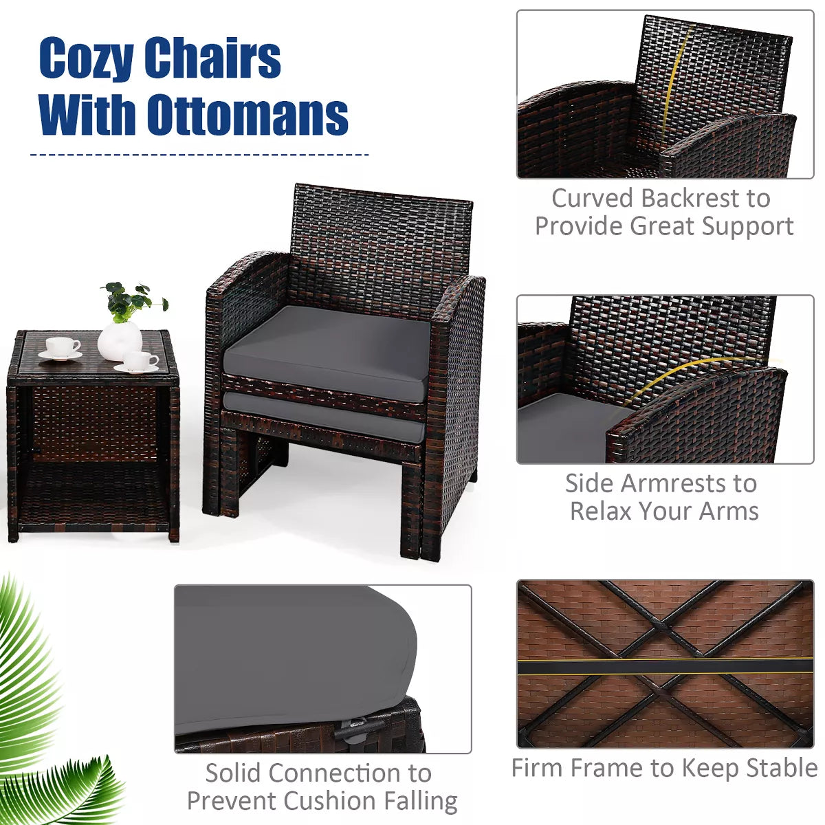 Costway 5PCS Patio Rattan Wicker Furniture Set Sofa Ottoman W/ Cushions