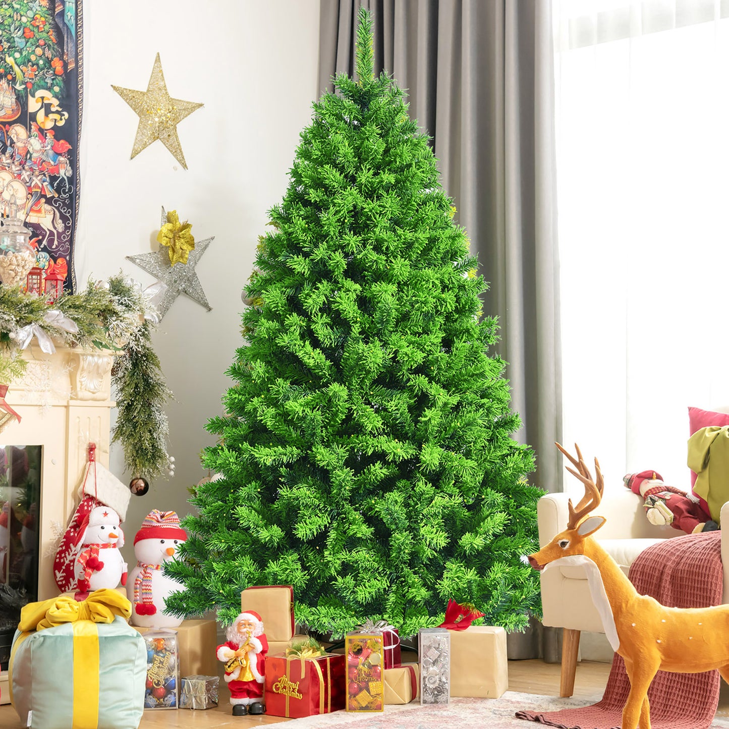 6.5Ft Green Flocked Hinged Artificial Christmas Tree W/ Metal Stand Green