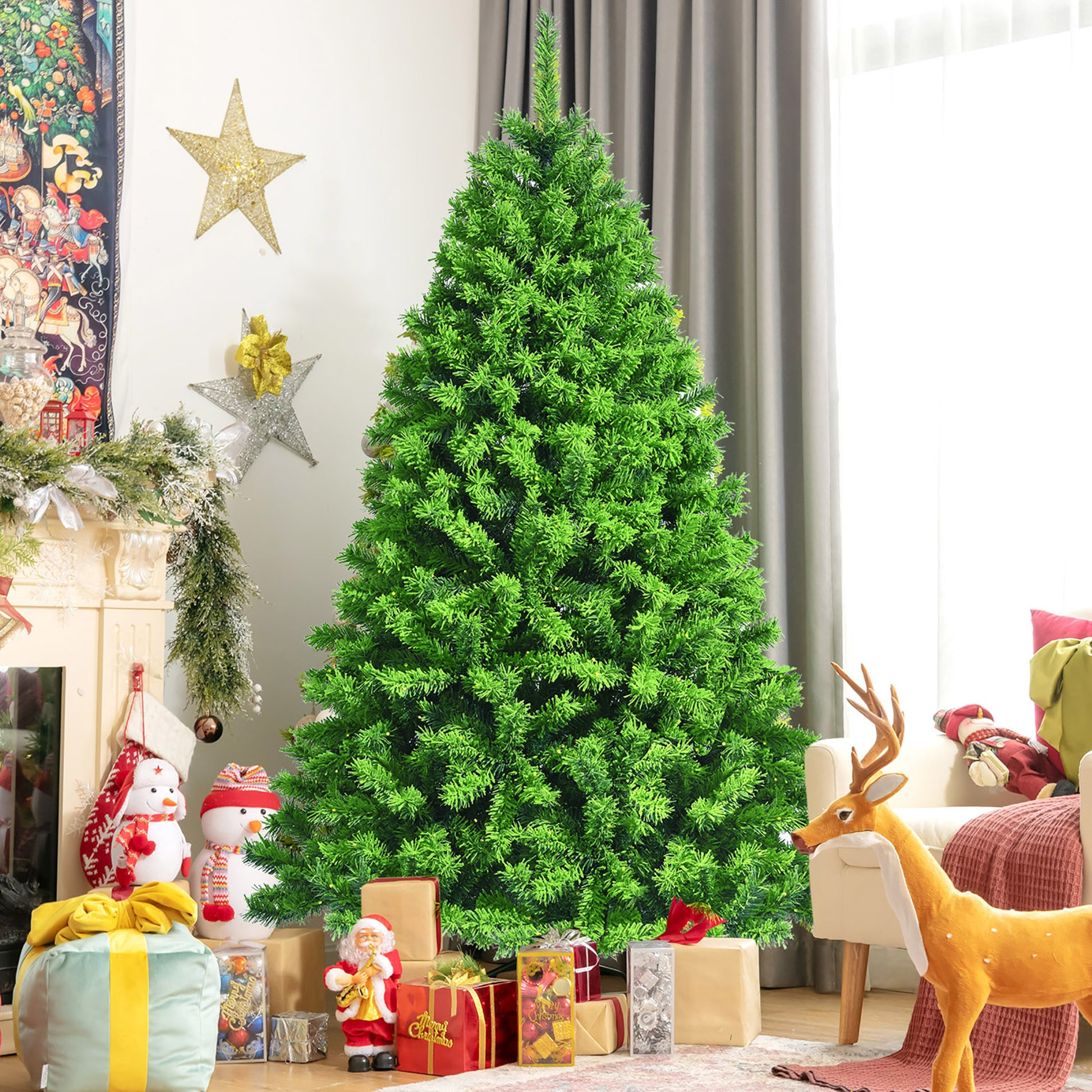 6.5Ft Green Flocked Hinged Artificial Christmas Tree W/ Metal Stand Green