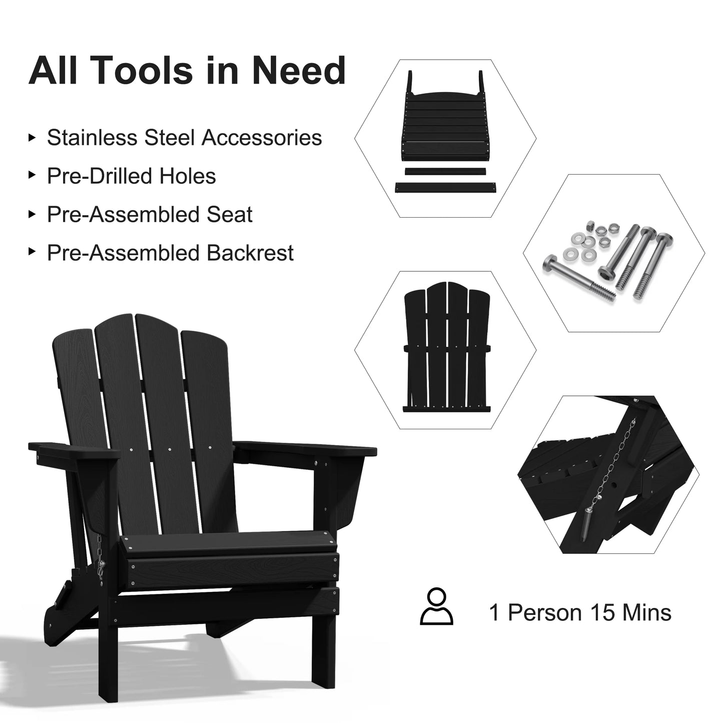Adirondack Chair, Plastic Folding Outdoor Patio Lawn Chairs, outside HDPE Chairs for Lawn, Yard, Black