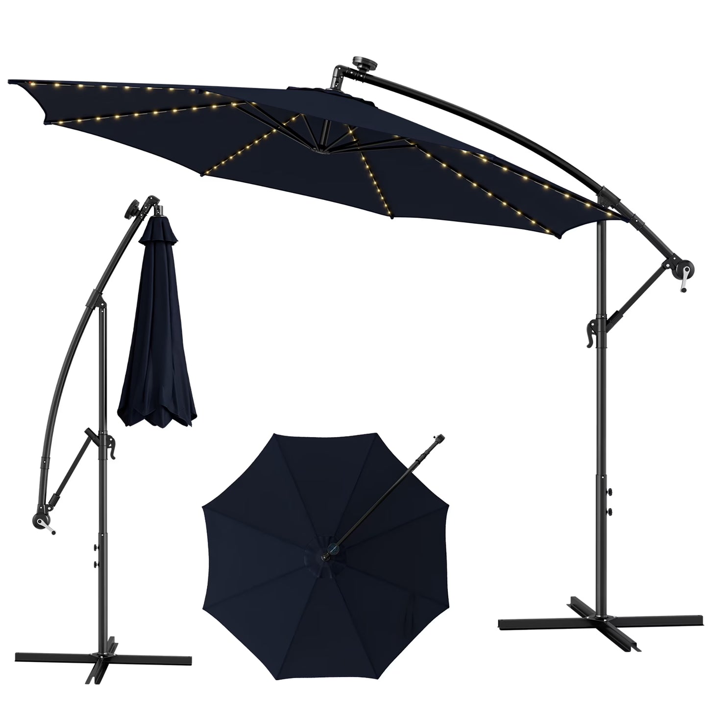 10FT Patio Solar-Lighted 112 LED Cantilever Offset Umbrella Crank Tilt Outdoor Beige
