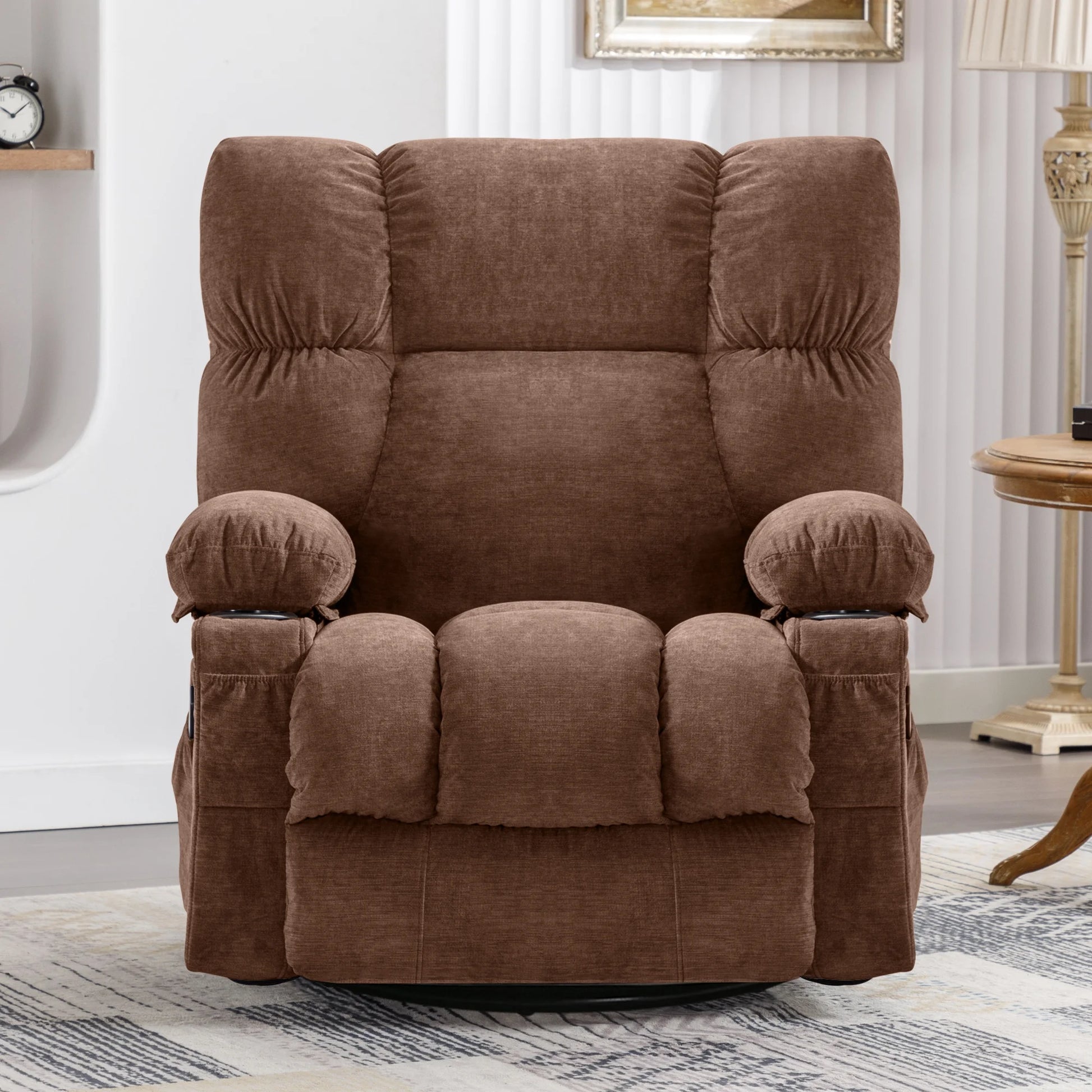 Massage Swivel Rocker Recliner Chair with Vibration Massage and Heat Ergonomic Lounge Chair for Living Room with Rocking Function and Side Pocket, 2 Cup Holders, USB Charge Port,Brown