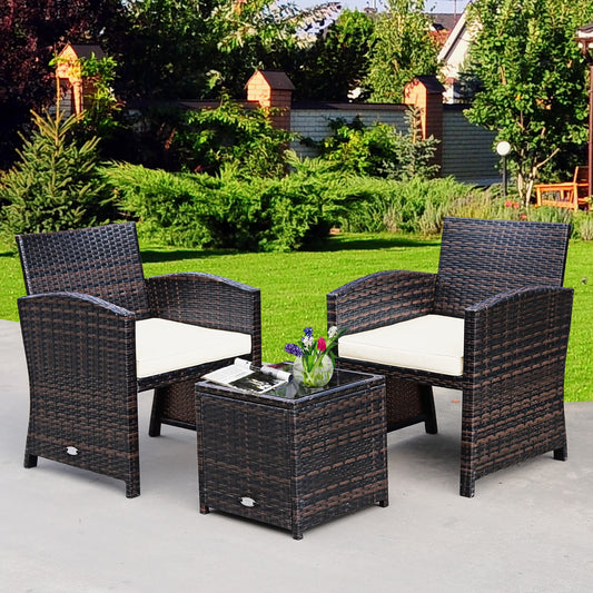 3PCS Patio Rattan Wicker Furniture Cushion Sofa Coffee Table White