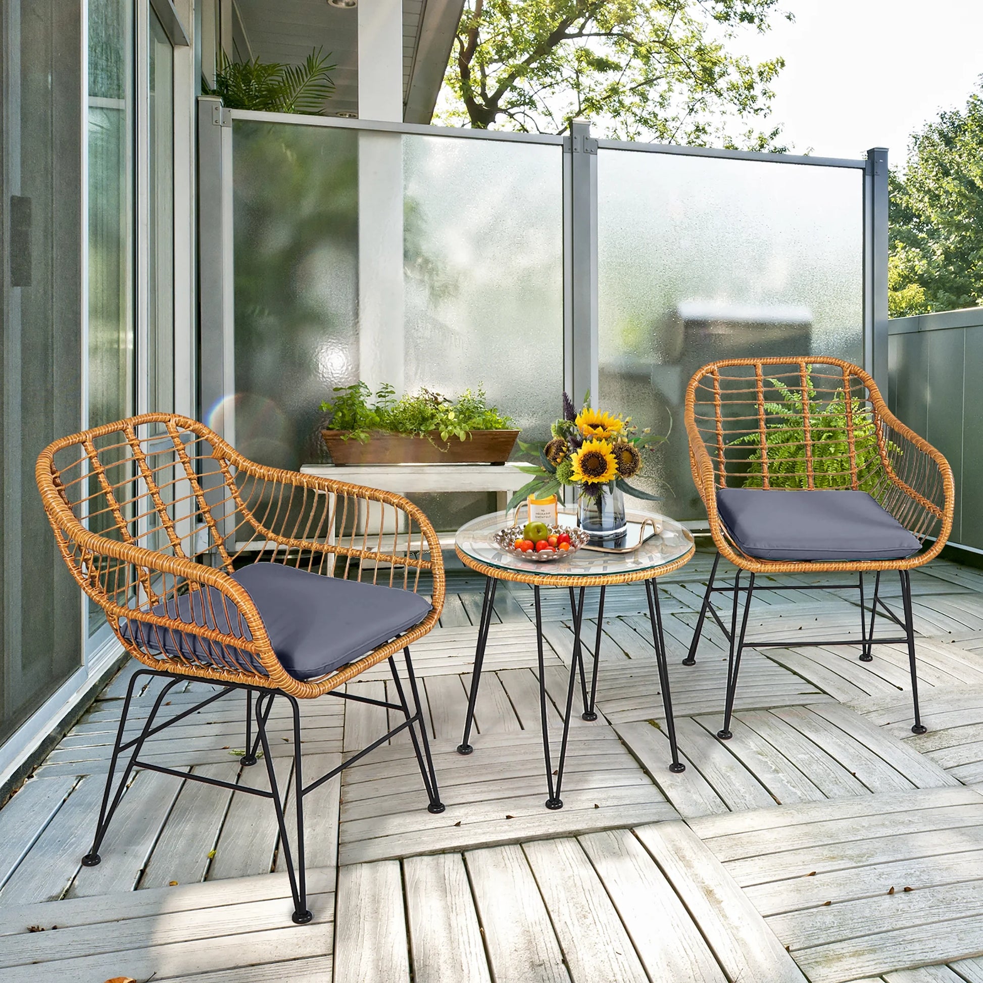 3PCS Patio Rattan Bistro Furniture Set Cushioned Chair Table Grey
