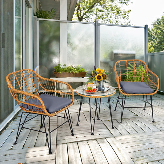 3PCS Patio Rattan Bistro Furniture Set Cushioned Chair Table Grey