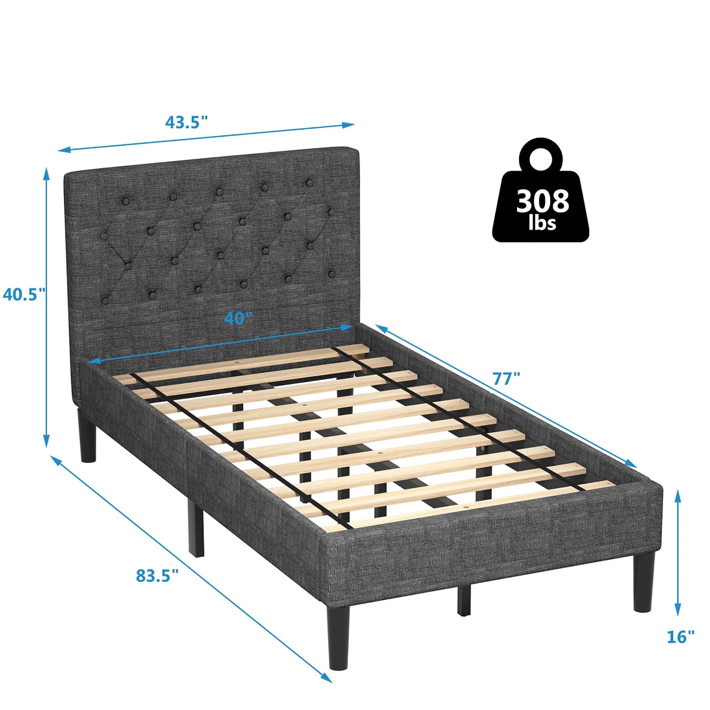 Twin Upholstered Bed Frame Diamond Stitched Headboard Wood Slat Support