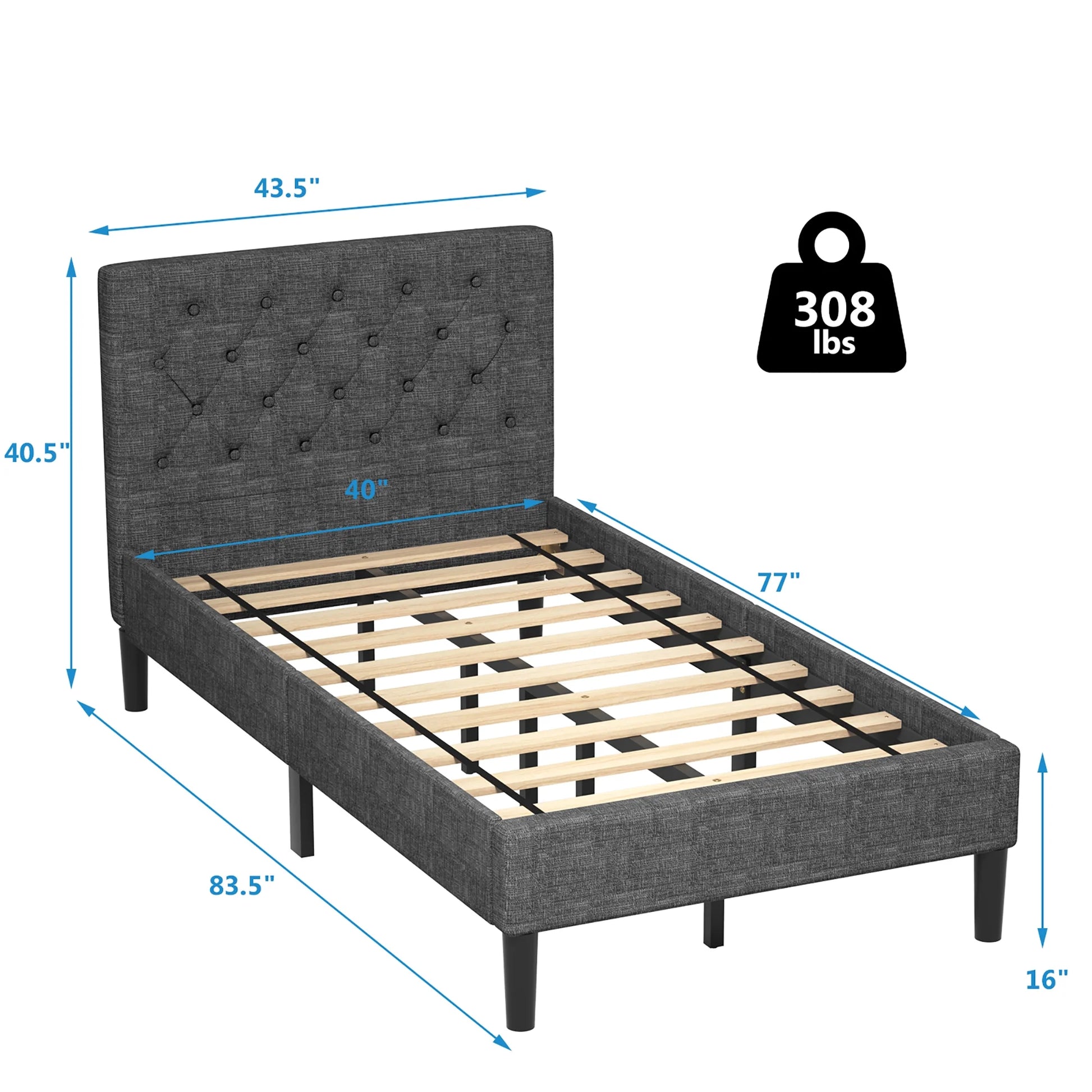 Twin Upholstered Bed Frame Diamond Stitched Headboard Wood Slat Support
