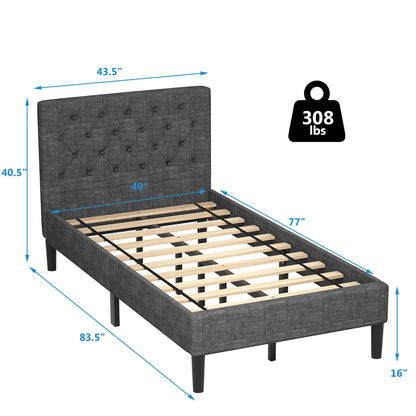 Twin Upholstered Bed Frame Diamond Stitched Headboard Wood Slat Support