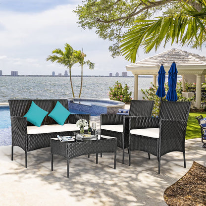 4PCS Patio Rattan Furniture Set Cushioned Sofa Coffee Table Backyard Porch White