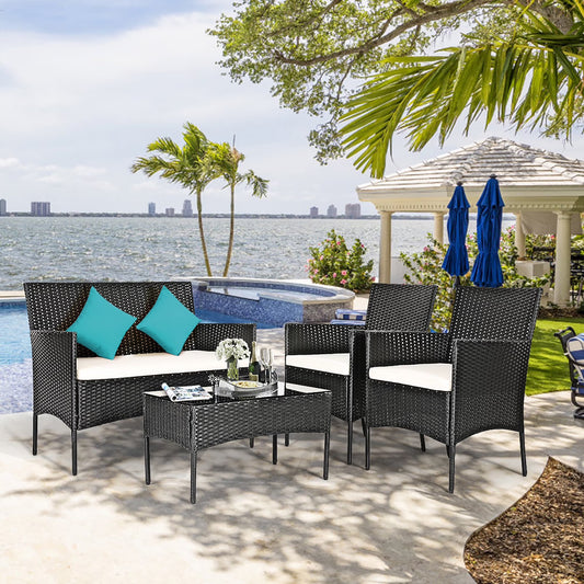 4PCS Patio Rattan Furniture Set Cushioned Sofa Coffee Table Backyard Porch White
