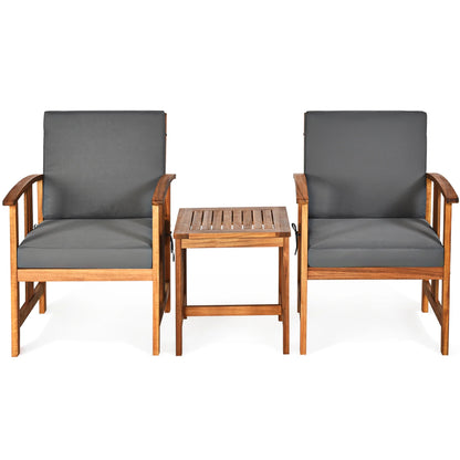 3PCS Solid Wood Patio Furniture Set Table&Chairs Grey Cushion
