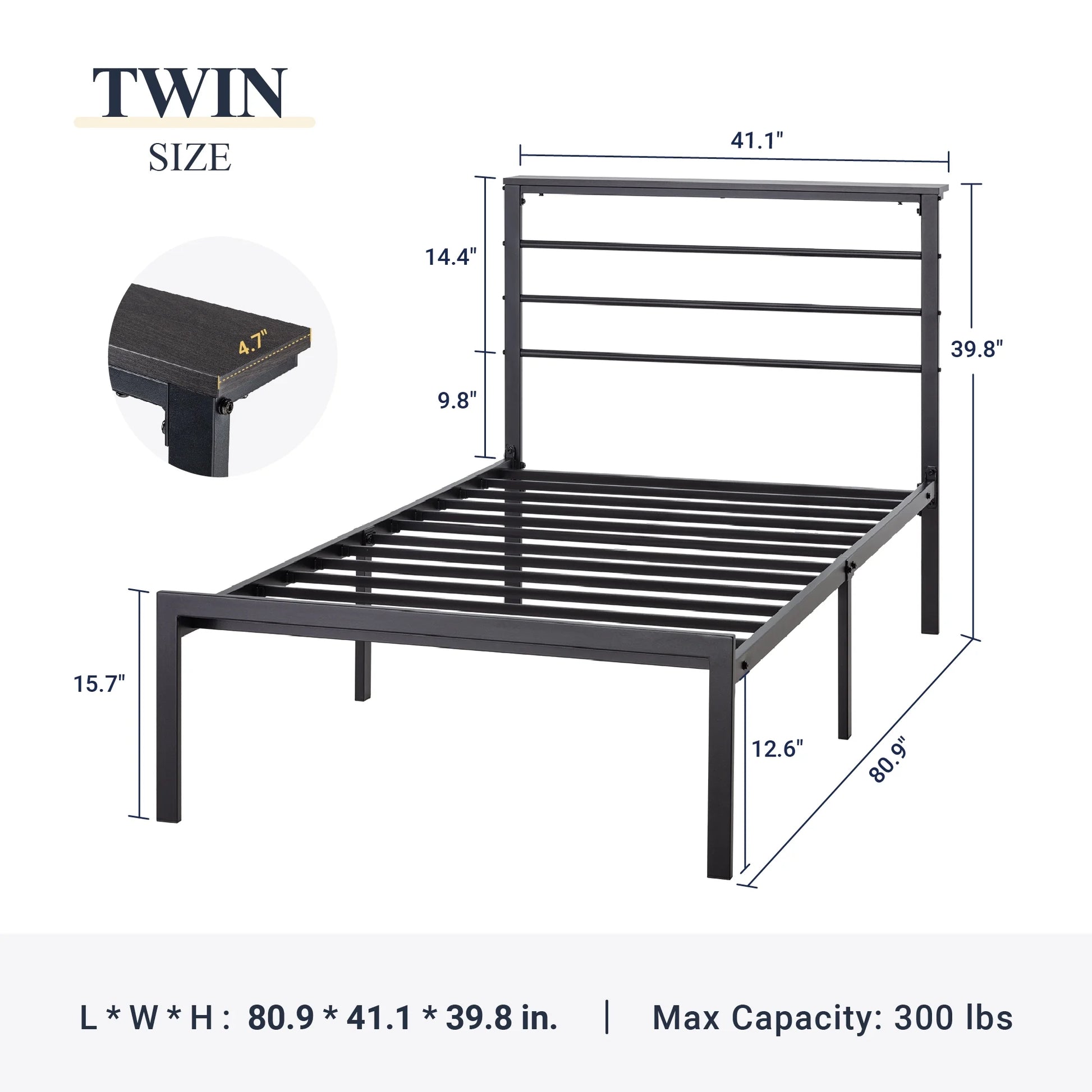 Twin Size Metal Platform Bed Frame with Black Shelf Headboard & Storage, Adult