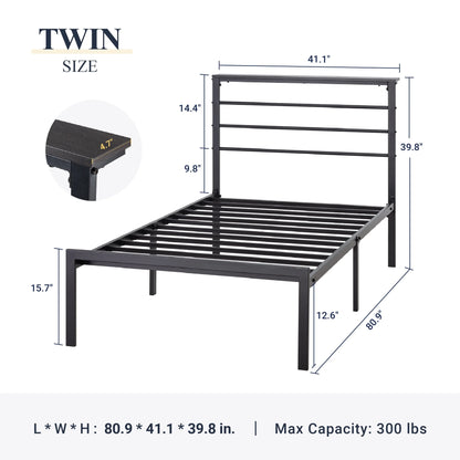 Twin Size Metal Platform Bed Frame with Black Shelf Headboard & Storage, Adult