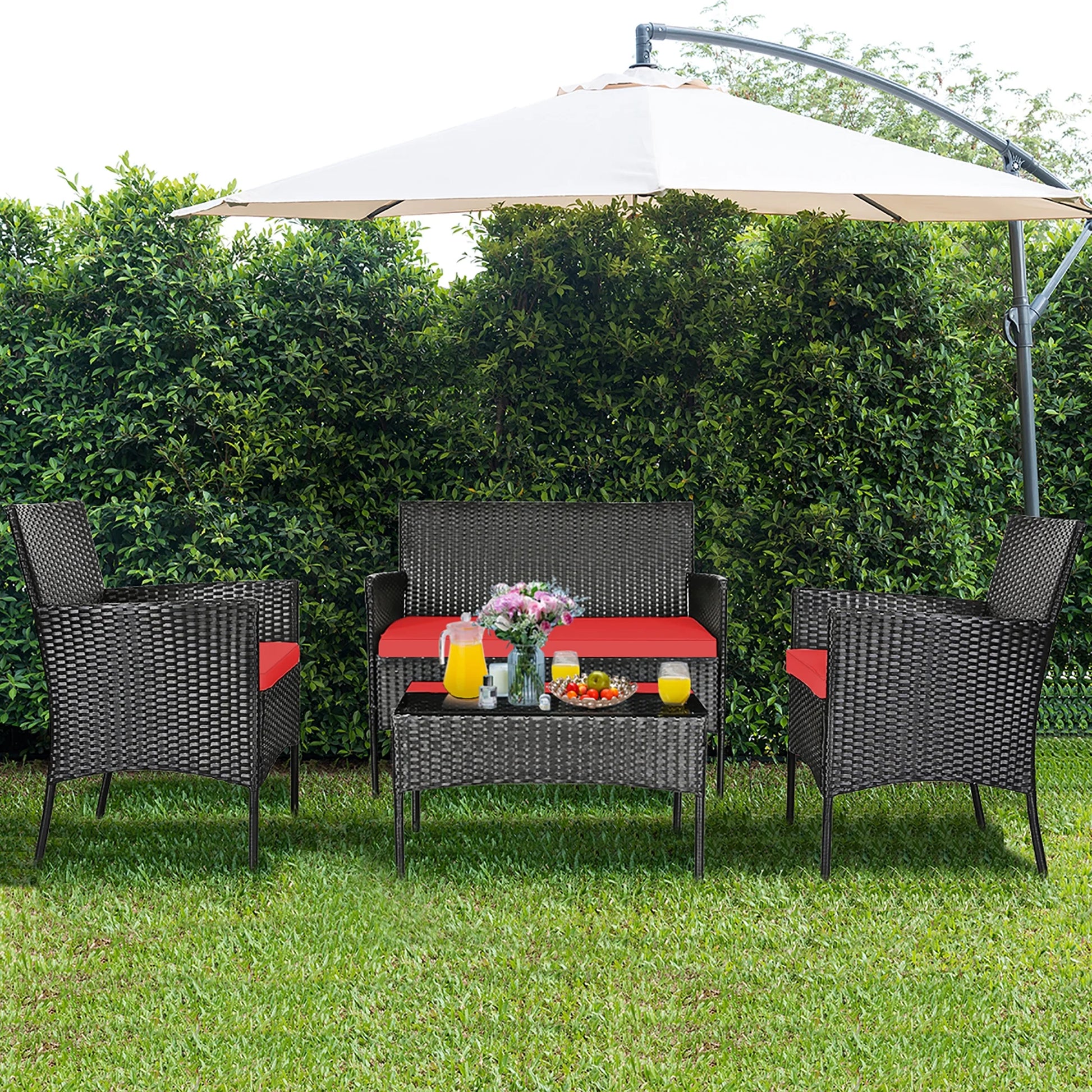 4PCS Patio Rattan Furniture Set Cushioned Sofa Coffee Table Backyard Porch Red