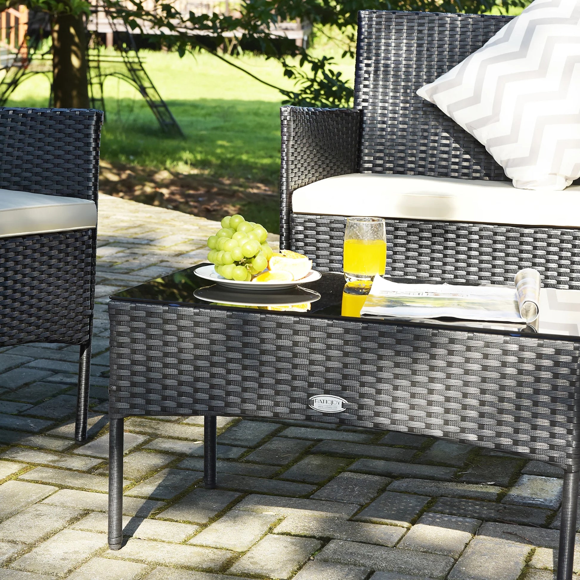 4PCS Patio Rattan Furniture Set Cushioned Sofa Coffee Table Backyard Porch White